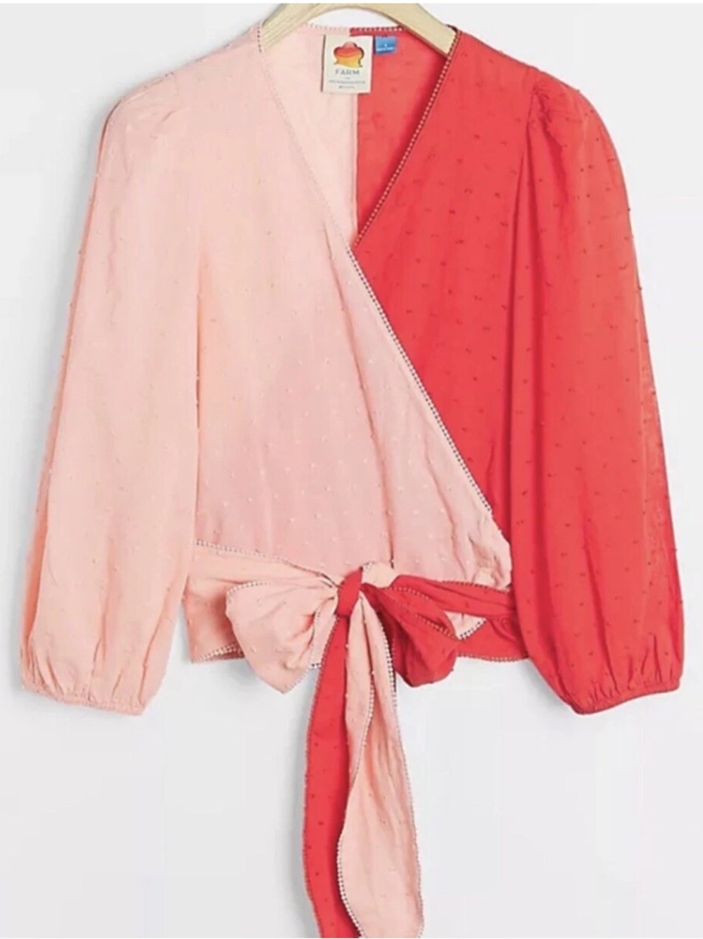 Anthropologie x FARM Rio Wrap Blouse Swiss Dot Puff Sleeve Colorblock Pink Red - Picture 2 of 15